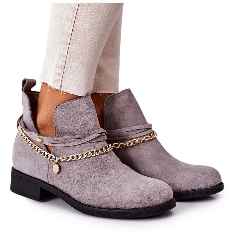 PS1 Zamszowe Botki Z Łańcuszkiem Szare Elvira