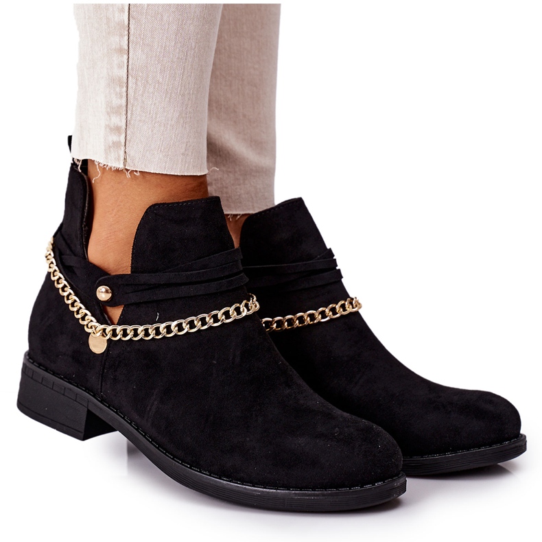 PS1 Zamszowe Botki Z Łańcuszkiem Czarne Elvira