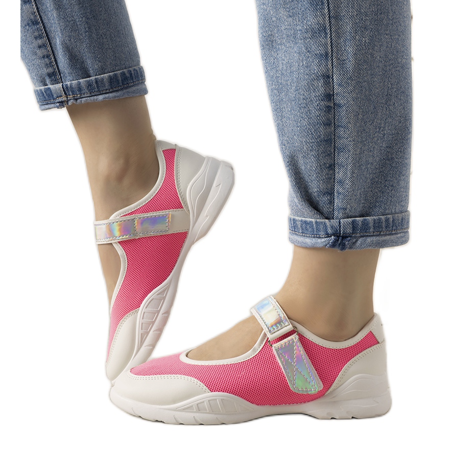 Różowe neonowe obuwie sportowe z holograficzną wstawką Melania białe