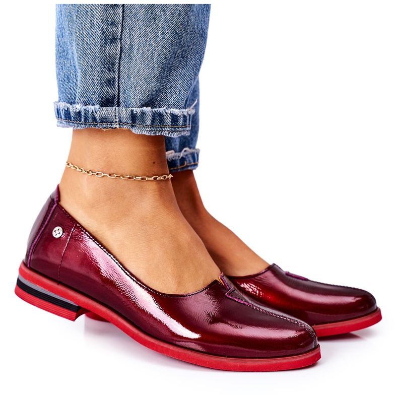 Skórzane Lakierowane Półbuty Maciejka 05035-23 Bordowe czerwone