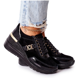 S.Barski Damskie Skórzane Sneakersy Na Koturnie Czarne Montessori