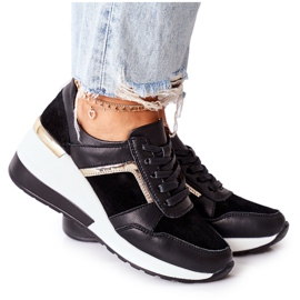 S.Barski Damskie Skórzane Sneakersy Na Koturnie Czarne Białe Manitoba