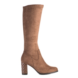 SHELOVET Zamszowe Kozaki Na Obcasie brązowe