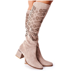 Lewski Shoes Zamszowe Kozaki Lewski Ażurowe Brązowe Romena