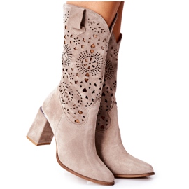 Lewski Shoes Damskie Skórzane Kozaki na Słupku Cappuccino Lewski 2923 Pick Me Up beżowy