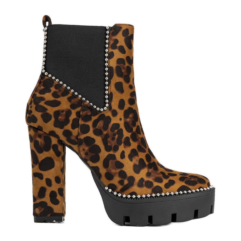 Brązowe botki na słupku w motywie panterki Leo