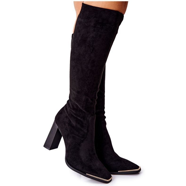 PS1 Damskie Ciepłe Kozaki Złoty Nosek Czarne Puentos