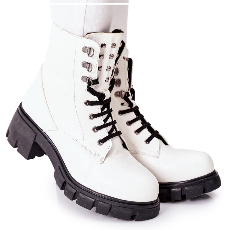 NAVY DOT Damskie Botki Trapery Glany Białe Clethra