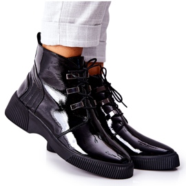 S.Barski Botki Workery Lakierowane Na Suwak Czarne Vica