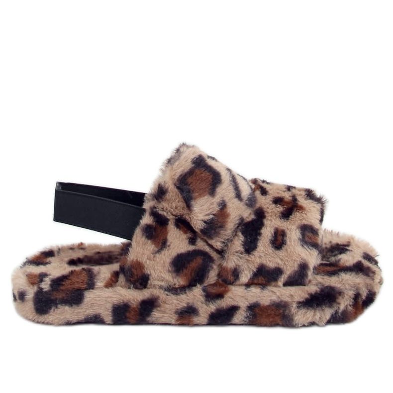 Kapcie damskie futerkowe w cętki N-92 Leopard beżowy brązowe