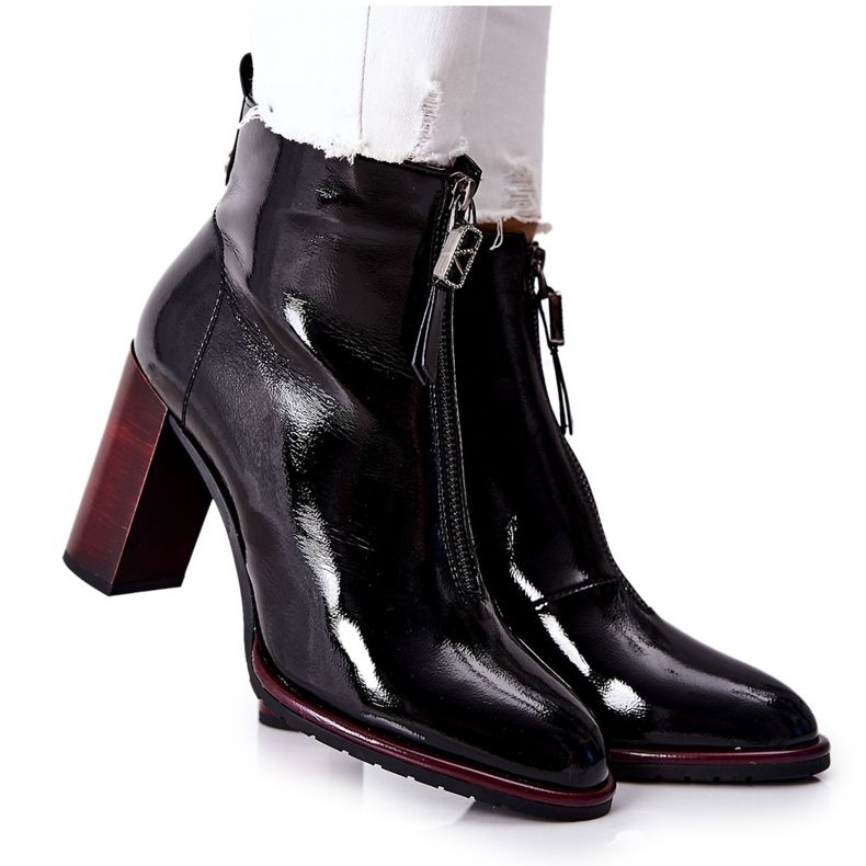 S.Barski Damskie Botki Czarne Lakierowane na Słupku Cofton