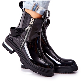 PS1 Skórzane Lakierowane Ocieplane Botki Z Suwakiem Czarne Cortona