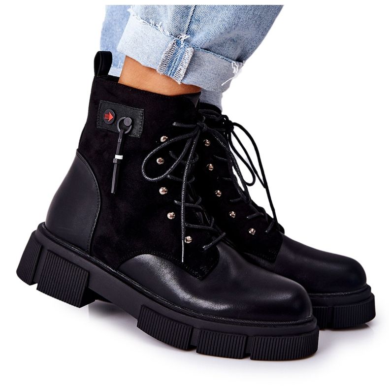 POTOCKI Skórzane Botki Workery Wiązane Czarne Your Way!