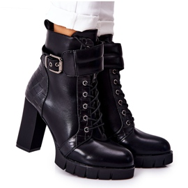 POTOCKI Botki Na Wysokim Słupku Czarne Wiązane Fasha