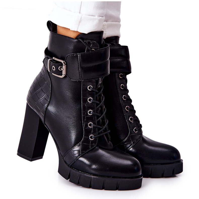 POTOCKI Botki Na Wysokim Słupku Czarne Wiązane Fasha