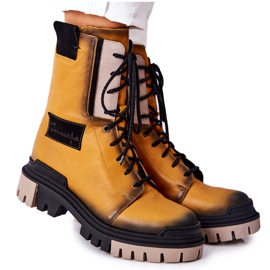 Skórzane Trzewiki Botki Ocieplane Maciejka Żółte 05113-07 czarne złoty