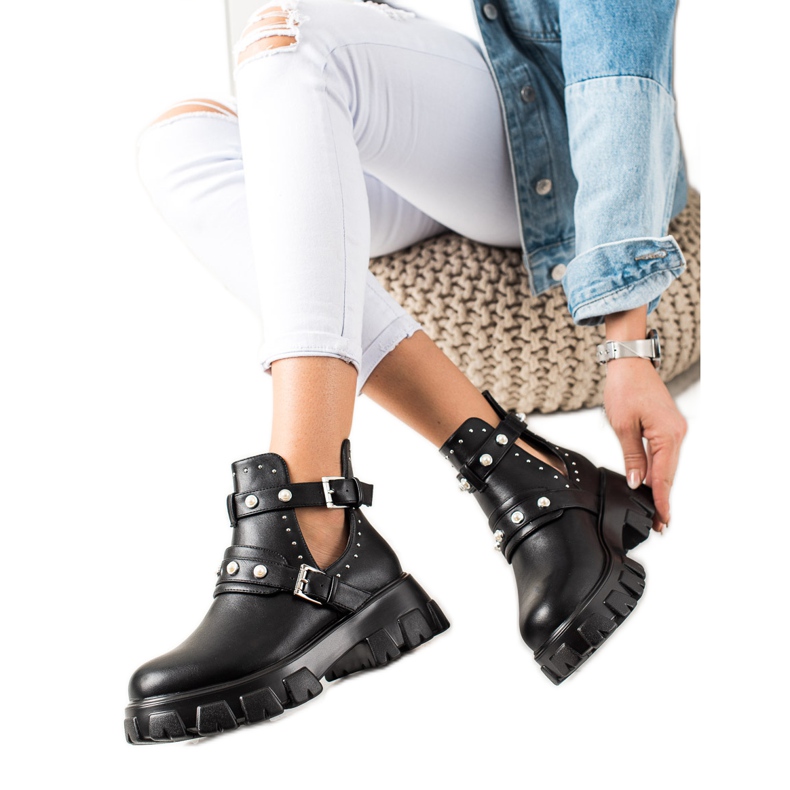 Bestelle Czarne Workery Z Wycięciem I Dżetami