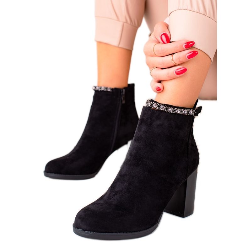 TRENDI Eleganckie Zamszowe Botki Na Obcasie czarne