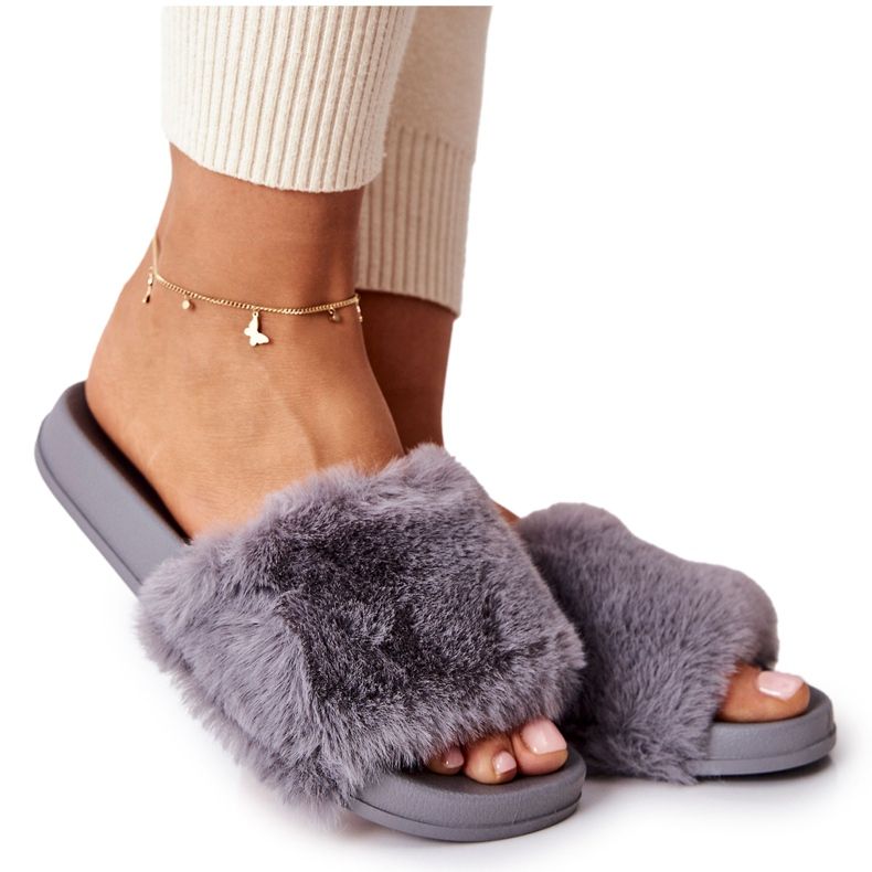 PH1 Gumowe Profilowane Klapki Z Futerkiem Szare Emmie