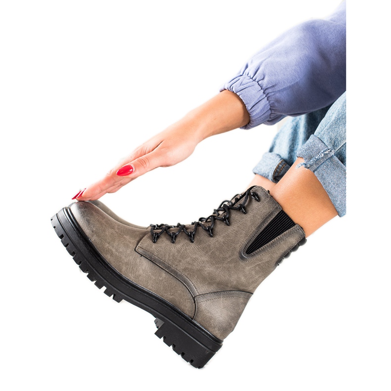 Sergio Leone Sznurowane Botki Workery Ze Wzorem szare