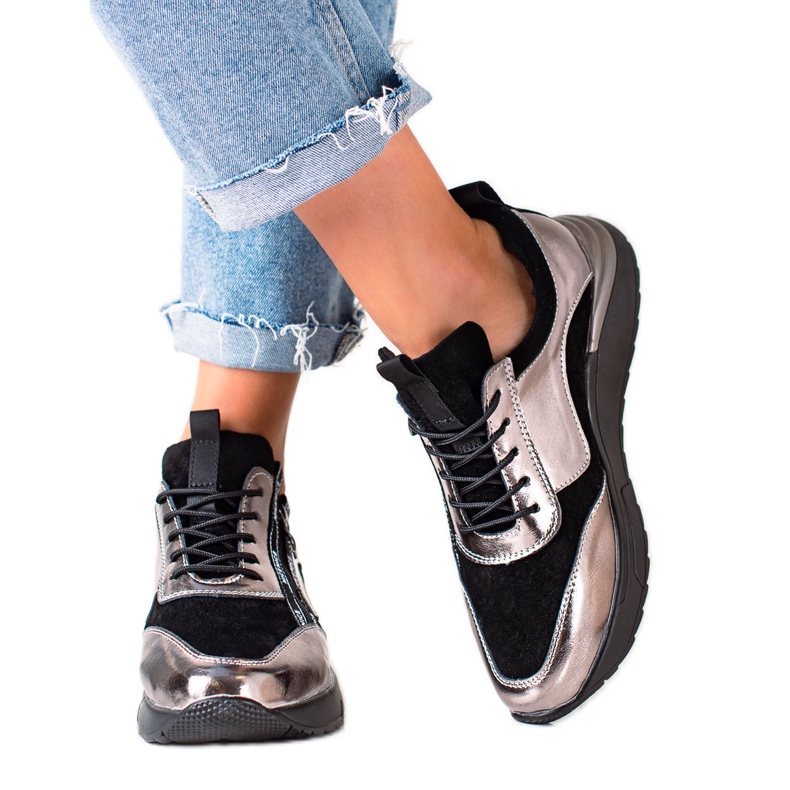 W. Potocki Czarno-srebrne Sneakersy Ze Skóry Potocki czarne złoty