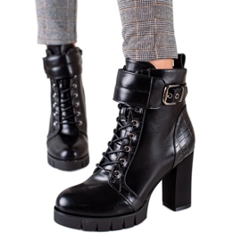 W. Potocki Sznurowane Workery Na Słupku Ze Skóry czarne