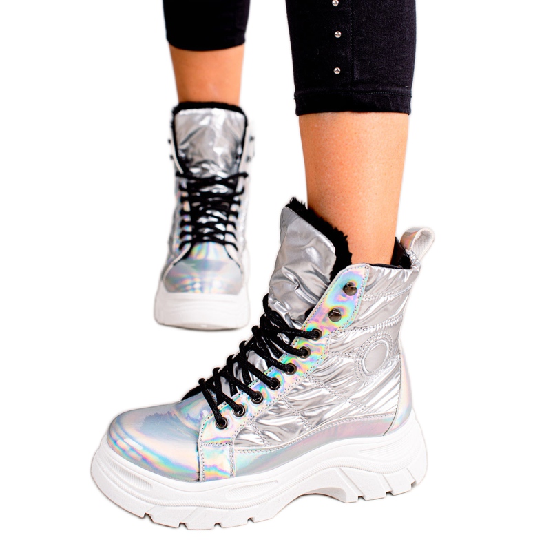 Srebrne Botki Na Platformie VINCEZA srebrny