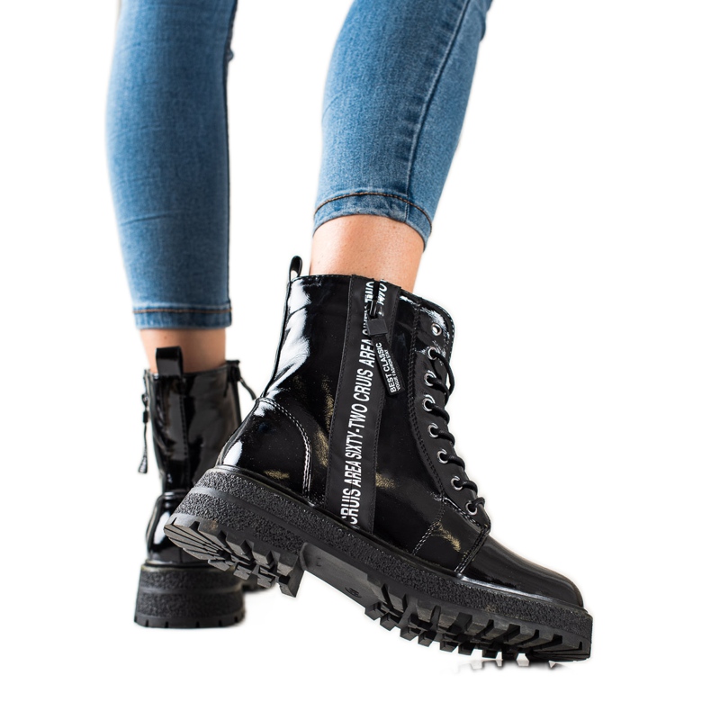 Goodin Lakierowane workery z ozdobnym suwakiem czarne