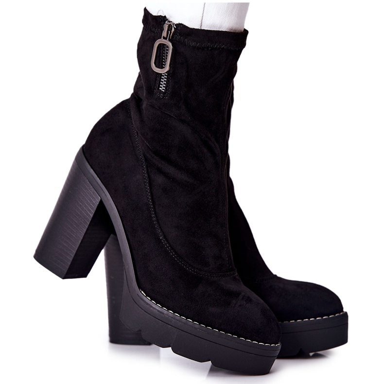 PG1 Zamszowe Botki Na Słupku Czarne Marlevo