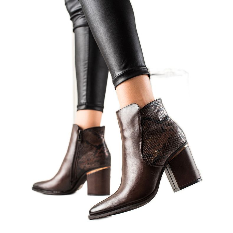 W. Potocki Botki Z Wstawką Snake Print Potocki brązowe