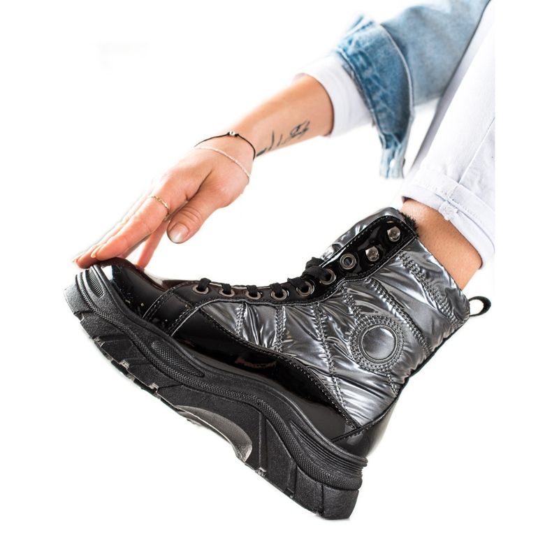 TRENDI Pikowane Traperki Fashion czarne srebrny