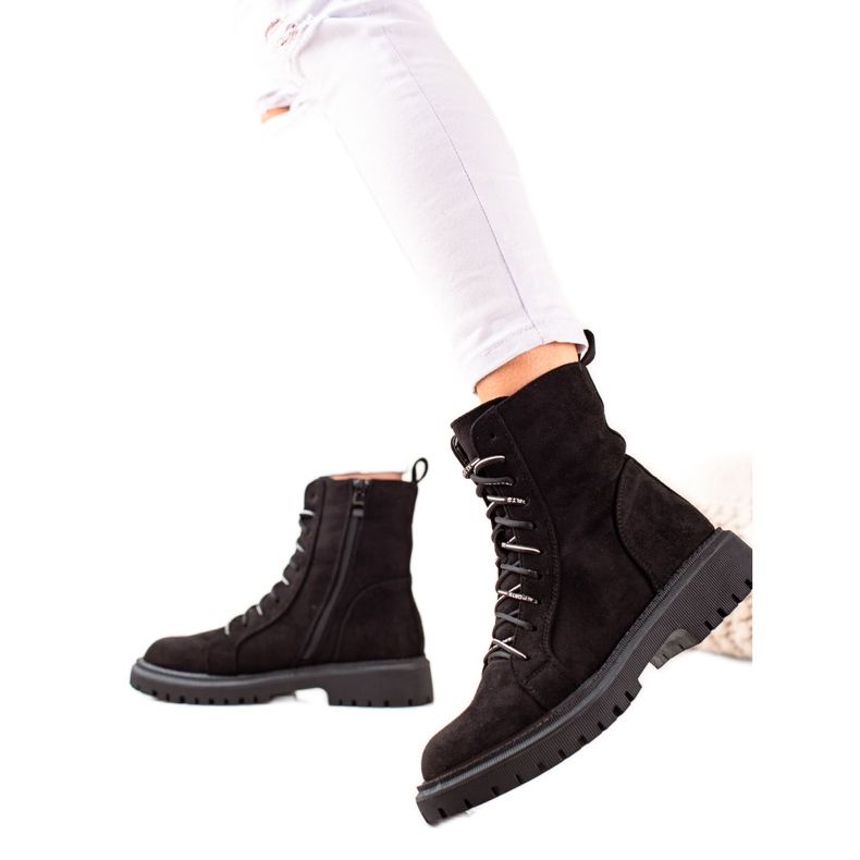 TRENDI Czarne Sznurowane Botki