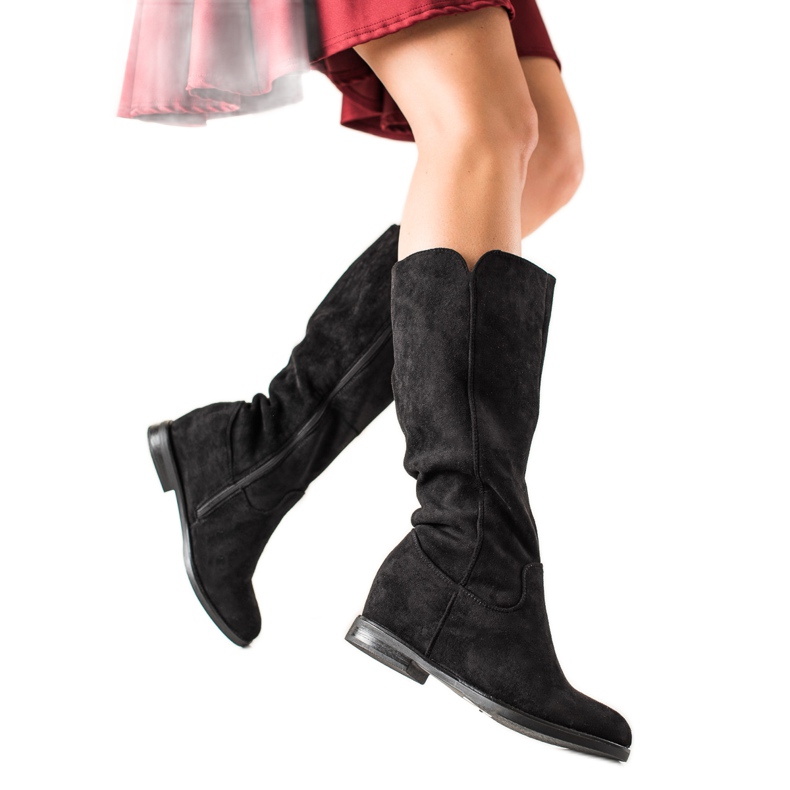 Renda Czarne Zamszowe Kozaki Na Koturnie