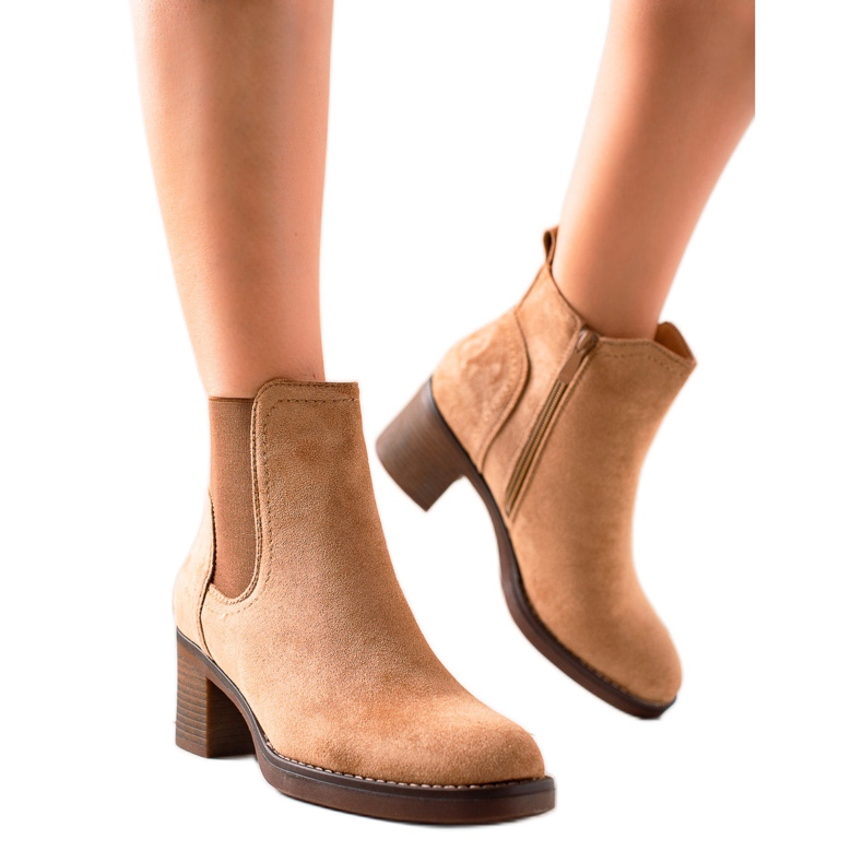 Seastar Zamszowe Botki Na Obcasie beżowy brązowe