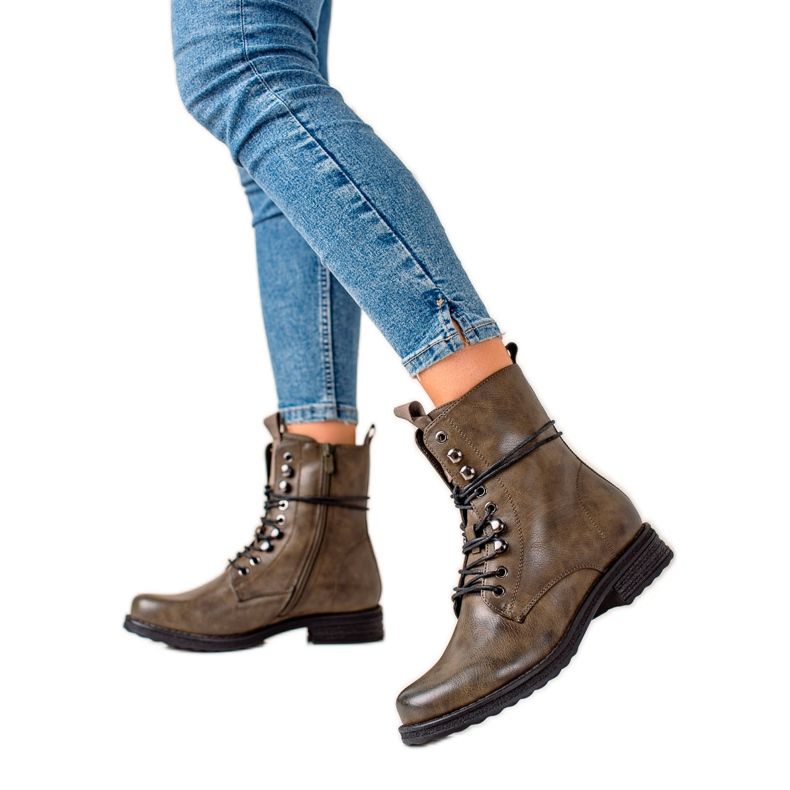 Super Mode Klasyczne Sznurowane Botki brązowe zielone