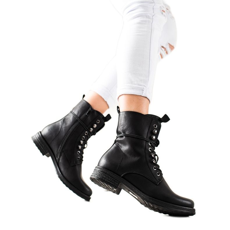 Super Mode Klasyczne Sznurowane Botki czarne