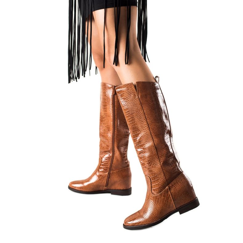 TRENDI Kozaki Z Eko Skóry Na Koturnie brązowe