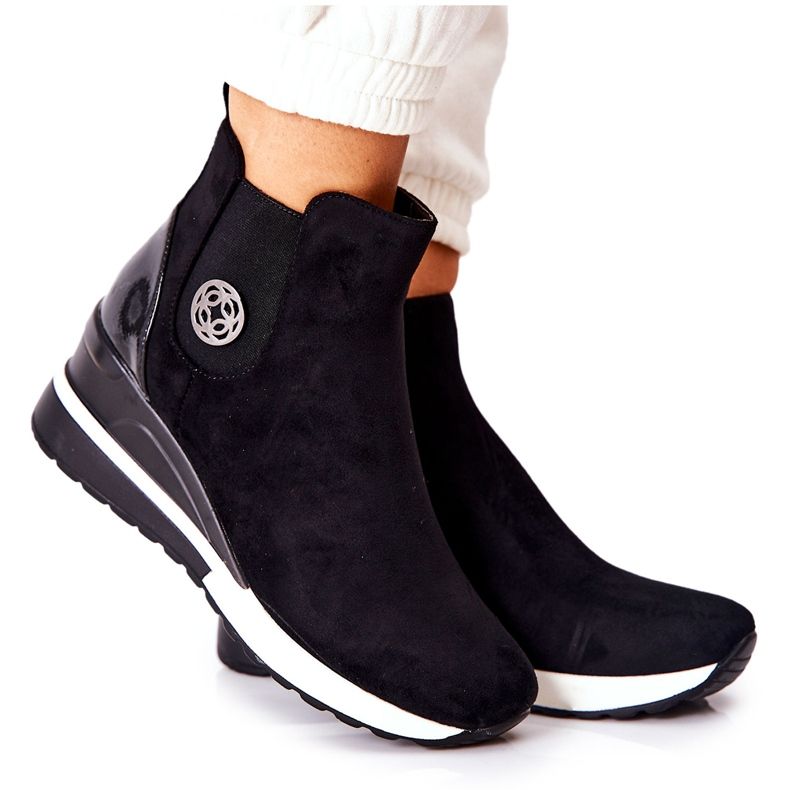 POTOCKI Zamszowe Botki Na Koturnie Czarne Lunelle