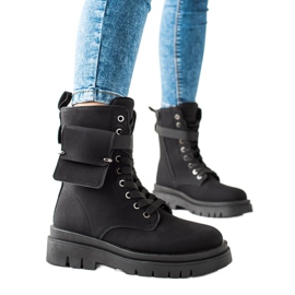 TRENDI Sznurowane botki traperki z kieszonką czarne