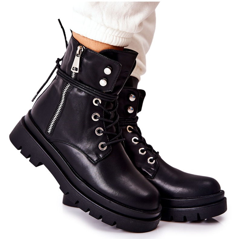 PG1 Botki Na Suwak Z Wiązaniem Czarne Elissmo