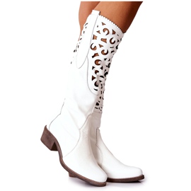 PA2 Skórzane Ażurowe Kozaki Białe Decorous