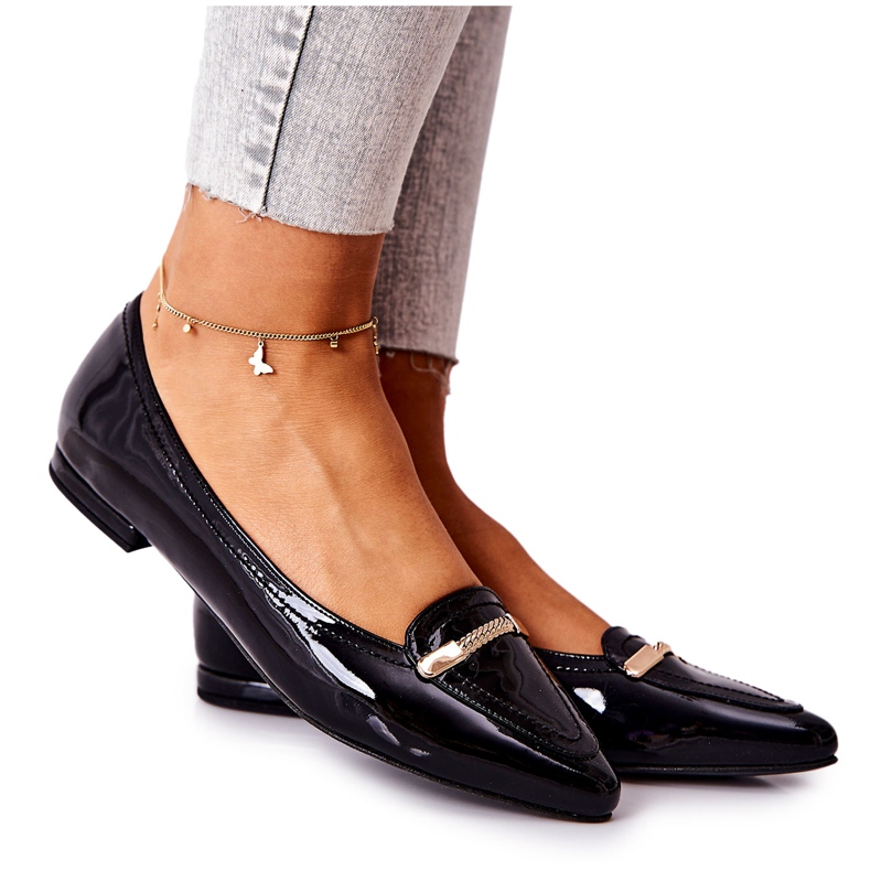 Skórzane Lakierowane Baleriny Monnari 0160-020 Czarne