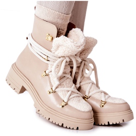 Lewski Shoes Skórzane Botki Trapery Wiązane Lewski Jasnobeżowe 3116 beżowy