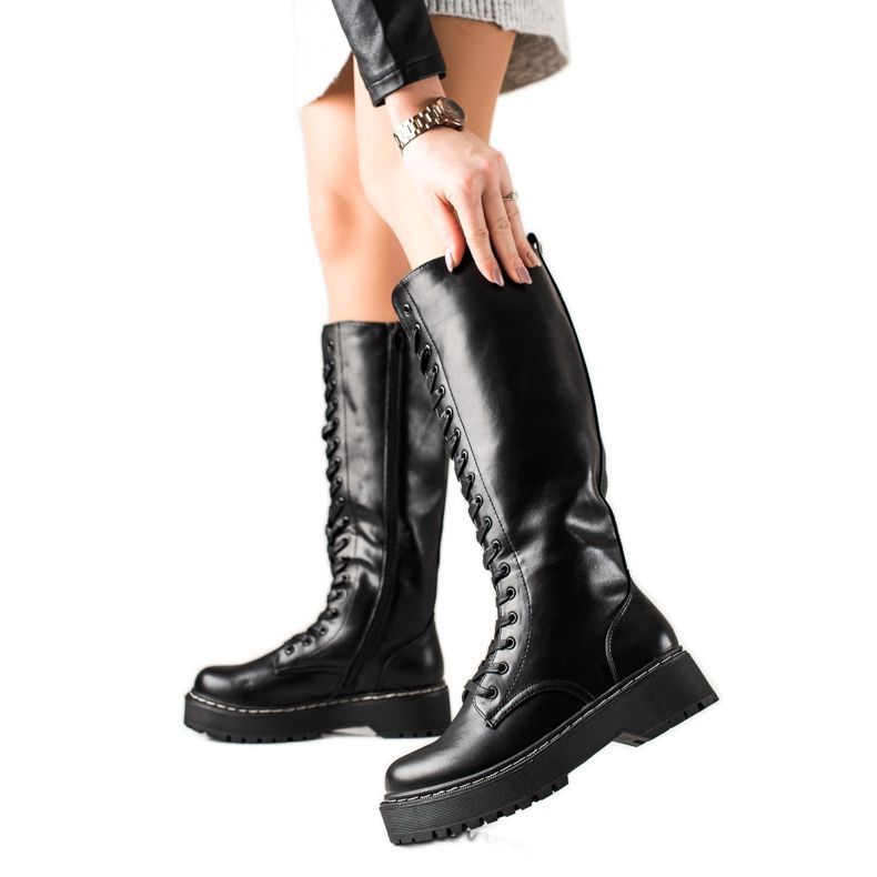 Evento Wysokie Sznurowane Workery czarne