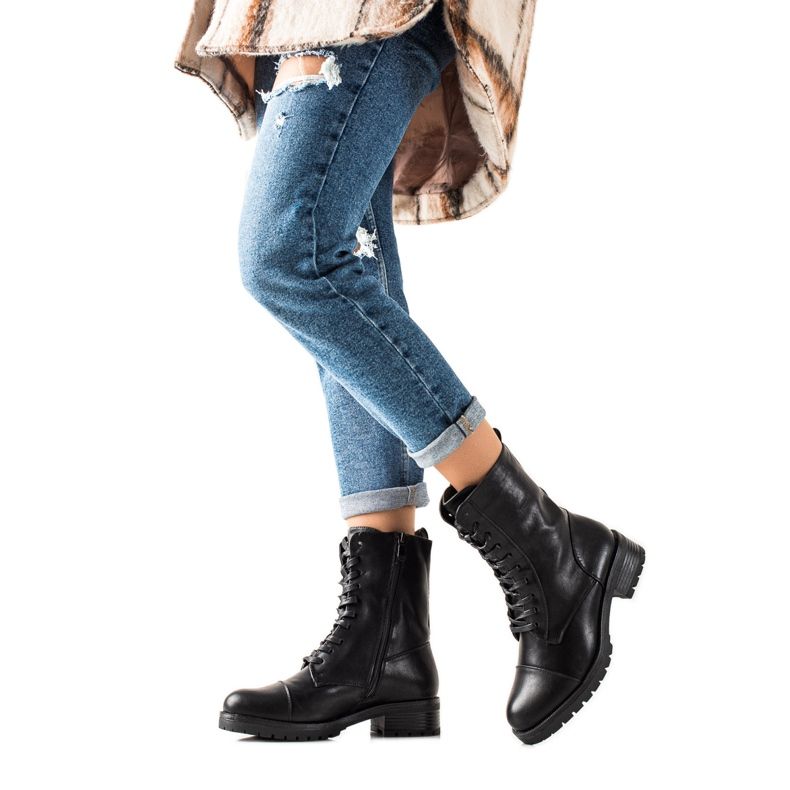 Laura Mode Sznurowane Botki Z Eko Skóry czarne