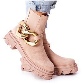 S.Barski Damskie ocieplane botki sztyblety beżowe z ozdobą beżowy