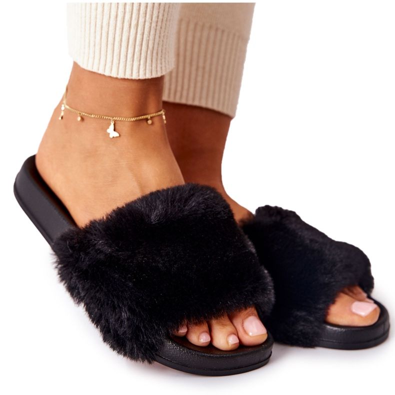 PH1 Gumowe Profilowane Klapki Z Futerkiem Czarne Emmie