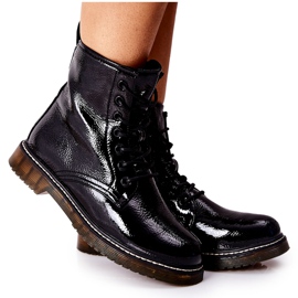 PE1 Botki Workery Lakierowane Na Suwak Czarne Kolbie