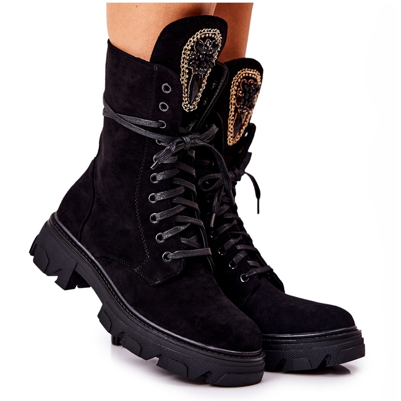 PL4 Zamszowe Botki Ze Zdobieniem Czarne Elaina