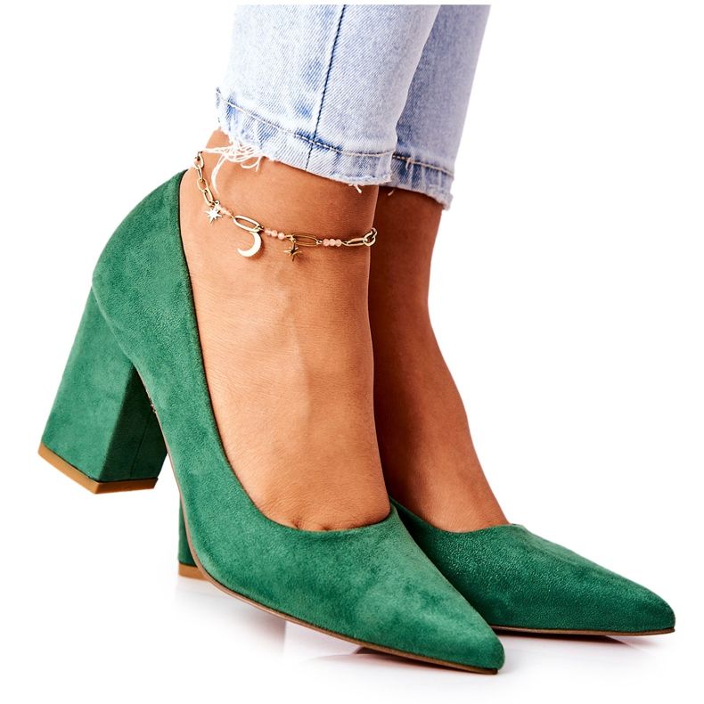 WS1 Czółenka Na Słupku Zamszowe Zielone Florena